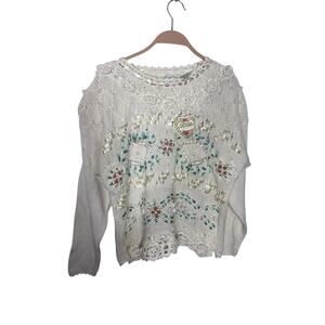 Colleen’s Collectables Hand-Knit Women’s Sweater M White Crochet Floral New